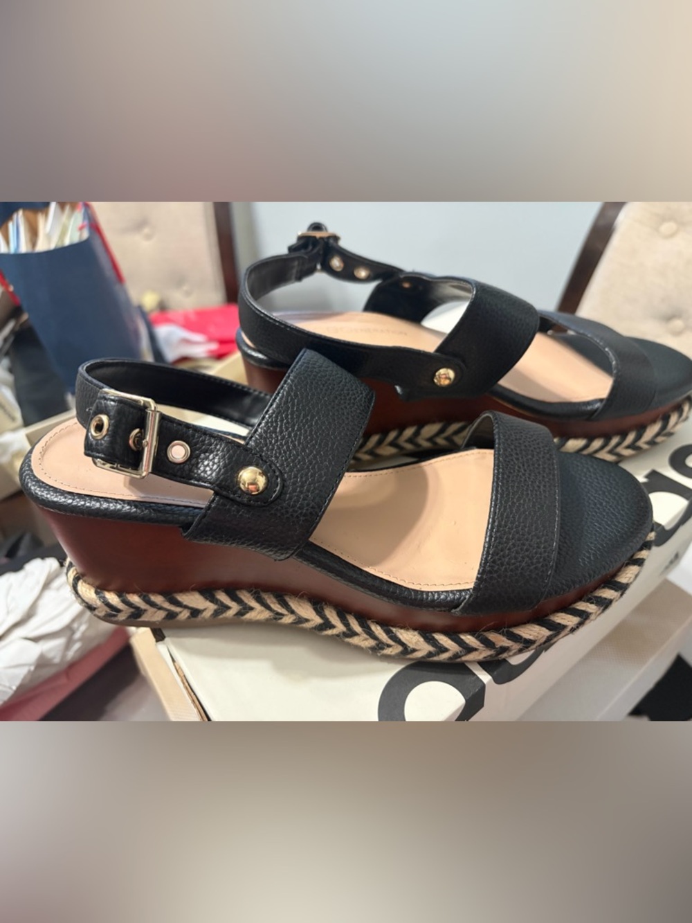 Black Leather Wedge Sandals with Braided Platform